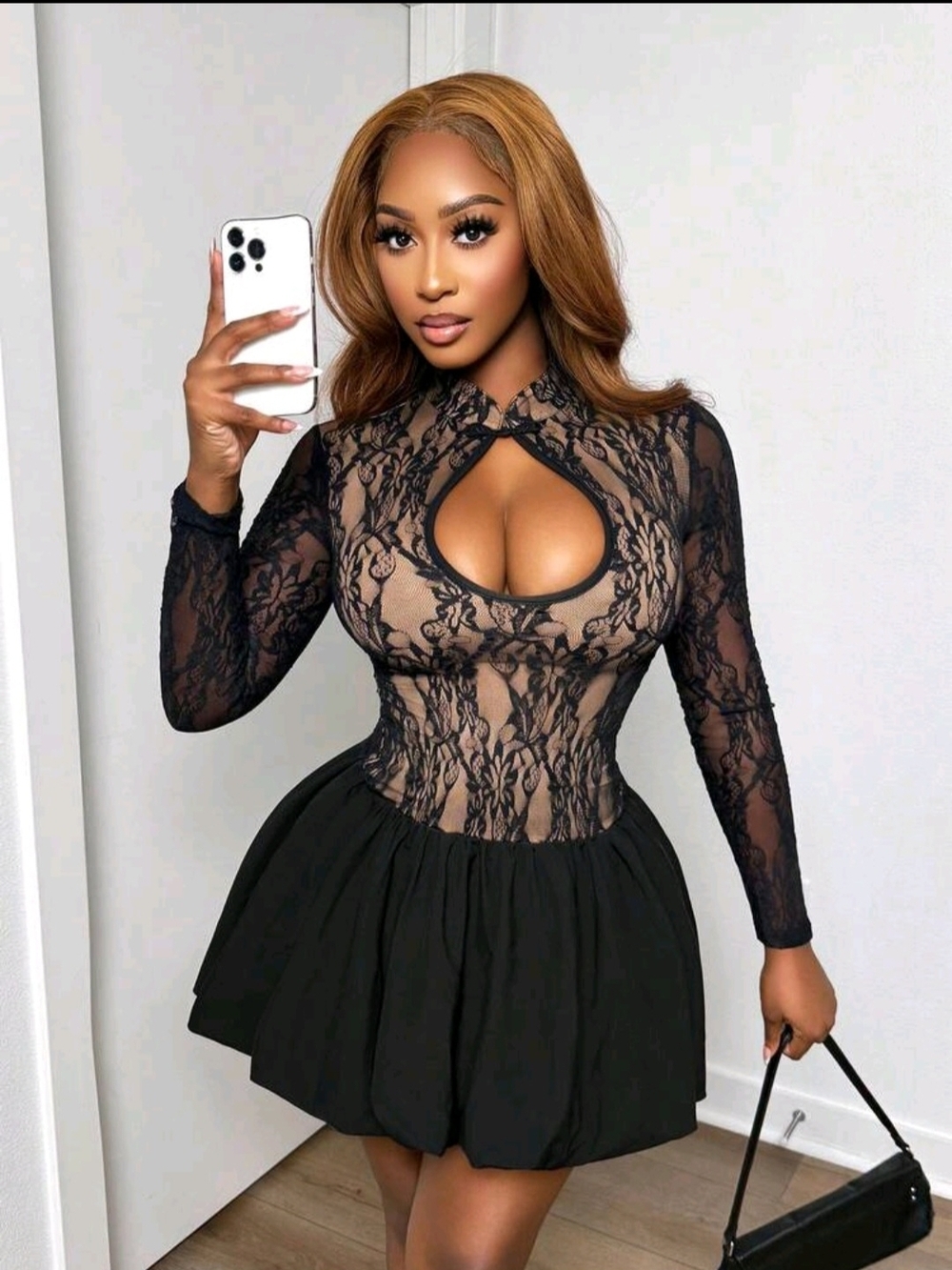 Black Lace Long-Sleeve Cutout Mini Dress